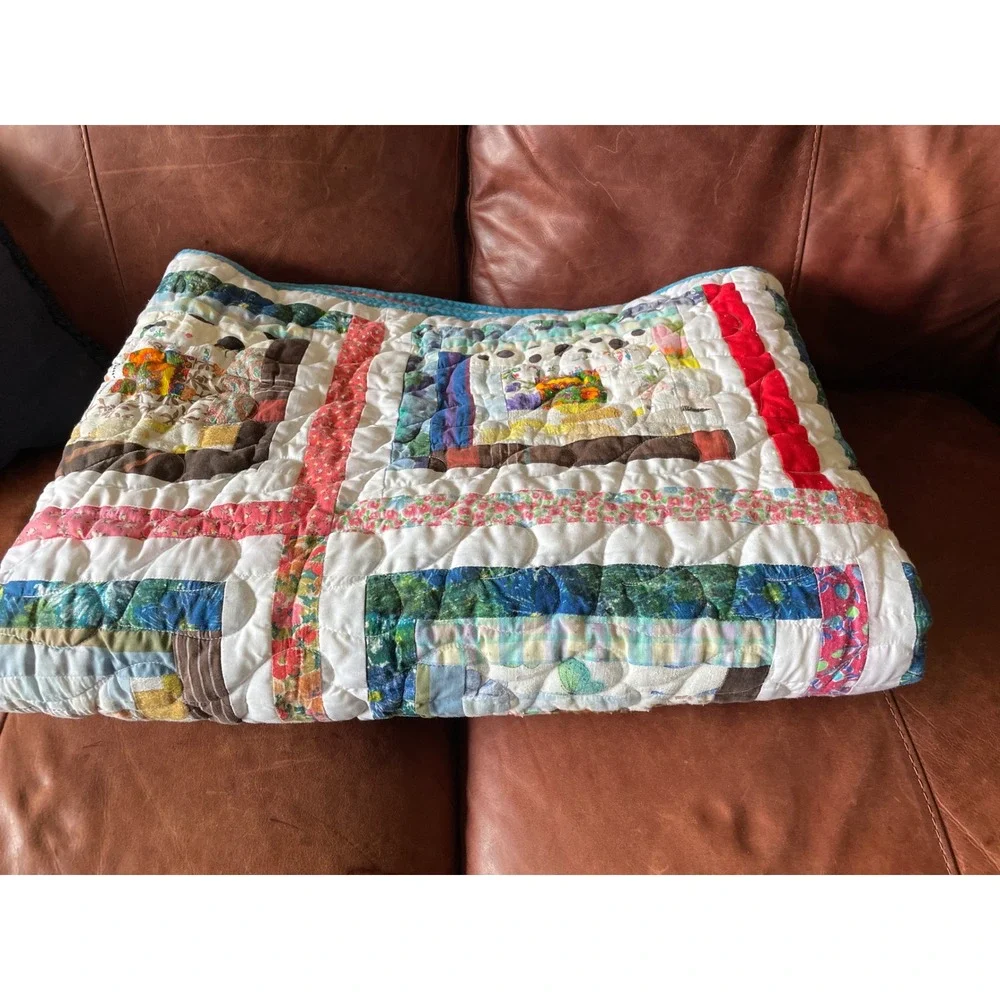 Vintage Handmade Log Cabin Patchwork Quilt Heart Quilted Multicolor 63x88